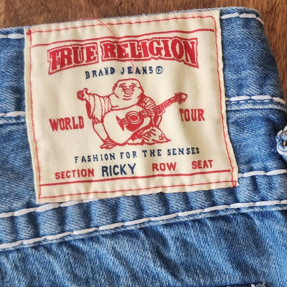 True Religion Shorts Mens 38 Blue Denim Ricky Bermuda Distressed Embroidered USA